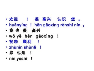 • 欢迎 ！ 很 高兴 认识 您 。
• huānyínɡ ！ hěn āoxìn rènshí nínɡ ɡ 。
• 我 也 很 高兴
• wǒ yě hěn ɡāoxìnɡ ！
• 祝您 顺利 ！
• zhùnín shùnlì ！
• 您 也是 ！
• nín yěshì ！
 