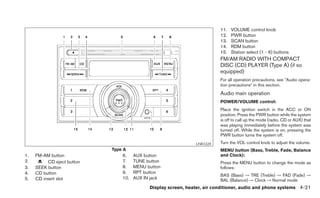 11.   VOLUME control knob
                                                                          12.   PWR button
                                                                          13.   SCAN button
                                                                          14.   RDM button
                                                                          15.   Station select (1 - 6) buttons
                                                                          FM/AM RADIO WITH COMPACT
                                                                          DISC (CD) PLAYER (Type A) (if so
                                                                          equipped)
                                                                          For all operation precautions, see ЉAudio opera-
                                                                          tion precautionsЉ in this section.
                                                                          Audio main operation
                                                                          POWER/VOLUME control:
                                                                          Place the ignition switch in the ACC or ON
                                                                          position. Press the PWR button while the system
                                                                          is off to call up the mode (radio, CD or AUX) that
                                                                          was playing immediately before the system was
                                                                          turned off. While the system is on, pressing the
                                                                          PWR button turns the system off.
                                                               LHA1224    Turn the VOL control knob to adjust the volume.
                            Type A                                        MENU button (Bass, Treble, Fade, Balance
1.   FM-AM button               6.    AUX button                          and Clock):
2.        CD eject button       7.    TUNE button                         Press the MENU button to change the mode as
3.   SEEK button                8.    MENU button                         follows:
4.   CD button                  9.    RPT button
                                                                          BAS (Bass) → TRE (Treble) → FAD (Fade) →
5.   CD insert slot             10.   AUX IN jack                         BAL (Balance) → Clock → Normal mode
                                            Display screen, heater, air conditioner, audio and phone systems 4-21
 