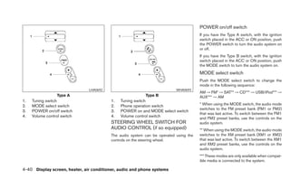 POWER on/off switch
                                                                                      If you have the Type A switch, with the ignition
                                                                                      switch placed in the ACC or ON position, push
                                                                                      the POWER switch to turn the audio system on
                                                                                      or off.
                                                                                      If you have the Type B switch, with the ignition
                                                                                      switch placed in the ACC or ON position, push
                                                                                      the MODE switch to turn the audio system on.
                                                                                      MODE select switch
                                                                                      Push the MODE select switch to change the
                                                                                      mode in the following sequence:
                               LHA0692                                    WHA0693
                                                                                      AM → FM* → SAT** → CD*** → USB/iPod*** →
                  Type A                                  Type B                      AUX*** → AM
1.   Tuning switch                       1.   Tuning switch
2.   MODE select switch                  2.   Phone operation switch                  * When using the MODE switch, the audio mode
                                                                                      switches to the FM preset bank (FM1 or FM2)
3.   POWER on/off switch                 3.   POWER on and MODE select switch
                                                                                      that was last active. To switch between the FM1
4.   Volume control switch               4.   Volume control switch                   and FM2 preset banks, use the controls on the
                                         STEERING WHEEL SWITCH FOR                    audio system.
                                         AUDIO CONTROL (if so equipped)               ** When using the MODE switch, the audio mode
                                         The audio system can be operated using the   switches to the XM preset bank (XM1 or XM2)
                                         controls on the steering wheel.              that was last active. To switch between the XM1
                                                                                      and XM2 preset banks, use the controls on the
                                                                                      audio system.
                                                                                      *** These modes are only available when compat-
                                                                                      ible media is connected to the system.

4-40 Display screen, heater, air conditioner, audio and phone systems
 