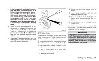 ● In the manual shift mode, the transmis-                                                                  3. Remove the shift lock release cover as
  sion may shift up automatically to a                                                                        shown.
  higher range than selected if the en-
                                                                                                           4. Insert a small screwdriver in the shift lock
  gine speed is too high. When the ve-
                                                                                                              release slot and push down.
  hicle speed decreases, the transmis-
  sion automatically shifts down. The                                                                      5. Move the shift selector to the N (Neutral)
  transmission shifts to M1 (1st) gear                                                                        position while holding down the shift lock
  before the vehicle comes to a com-                                                                          release.
  plete stop. When accelerating again, it
  is necessary to shift up to the desired                                                                  6. Now the vehicle may be moved to the de-
  range.                                                                                                      sired location.

● When the CVT fluid temperature is ex-                                                                   If the shift selector cannot be moved out of P
  tremely low, the manual shift mode may not                                                              (Park), have a NISSAN dealer check the trans-
  work and automatically shift as a drive mode.                                                           mission as soon as possible.
  This is not a malfunction. In this case, press                                             LSD0178
  the manual shift button ᭺ off and drive for a                                                                              WARNING
                           A                       Shift lock release
  while and then reactivate the manual shift                                                              If the shift selector cannot be moved from
  mode.                                            If the battery is discharged, the shift selector may   the P (Park) position while the engine is
                                                   not be moved from the P (Park) position even with      running and the brake pedal is depressed,
● When the CVT fluid temperature is high, the      the brake pedal depressed.
  shift range may upshift in lower rpm than                                                               the stop lights may not work. Malfunction-
  usual. This is not a malfunction.                To move the shift selector, release the shift lock.    ing stop lights could cause an accident
                                                   The shift selector can be moved to N (Neutral).        injuring yourself and others.

                                                   To push the shift lock release, complete the fol-
                                                   lowing procedure:
                                                    1. Turn the ignition switch to the LOCK posi-
                                                       tion and remove the key
                                                    2. Apply the parking brake.


                                                                                                                         Starting and driving 5-15
 