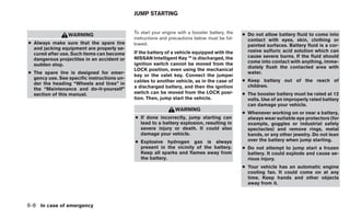 JUMP STARTING


                                             To start your engine with a booster battery, the   ● Do not allow battery fluid to come into
                 WARNING
                                             instructions and precautions below must be fol-      contact with eyes, skin, clothing or
● Always make sure that the spare tire       lowed.                                               painted surfaces. Battery fluid is a cor-
  and jacking equipment are properly se-                                                          rosive sulfuric acid solution which can
  cured after use. Such items can become     If the battery of a vehicle equipped with the
                                             NISSAN Intelligent Key ™ is discharged, the          cause severe burns. If the fluid should
  dangerous projectiles in an accident or                                                         come into contact with anything, imme-
  sudden stop.                               ignition switch cannot be moved from the
                                                                                                  diately flush the contacted area with
                                             LOCK position, even using the mechanical
● The spare tire is designed for emer-                                                            water.
                                             key or the valet key. Connect the jumper
  gency use. See specific instructions un-                                                      ● Keep battery out of the reach of
                                             cables to another vehicle, as in the case of
  der the heading “Wheels and tires” in                                                           children.
  the “Maintenance and do-it-yourself”       a discharged battery, and then the ignition
  section of this manual.                    switch can be moved from the LOCK posi-            ● The booster battery must be rated at 12
                                             tion. Then, jump start the vehicle.                  volts. Use of an improperly rated battery
                                                                                                  can damage your vehicle.
                                                                WARNING
                                                                                                ● Whenever working on or near a battery,
                                             ● If done incorrectly, jump starting can             always wear suitable eye protectors (for
                                               lead to a battery explosion, resulting in          example, goggles or industrial safety
                                               severe injury or death. It could also              spectacles) and remove rings, metal
                                               damage your vehicle.                               bands, or any other jewelry. Do not lean
                                             ● Explosive hydrogen gas is always                   over the battery when jump starting.
                                               present in the vicinity of the battery.          ● Do not attempt to jump start a frozen
                                               Keep all sparks and flames away from               battery. It could explode and cause se-
                                               the battery.                                       rious injury.
                                                                                                ● Your vehicle has an automatic engine
                                                                                                  cooling fan. It could come on at any
                                                                                                  time. Keep hands and other objects
                                                                                                  away from it.



6-8 In case of emergency
 