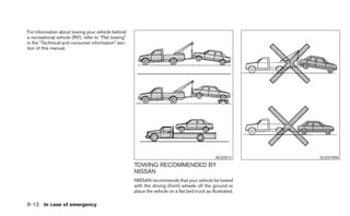 For information about towing your vehicle behind
a recreational vehicle (RV), refer to “Flat towing”
in the “Technical and consumer information” sec-
tion of this manual.




                                                                                                 ACE0511      SCE0199A
                                                      TOWING RECOMMENDED BY
                                                      NISSAN
                                                      NISSAN recommends that your vehicle be towed
                                                      with the driving (front) wheels off the ground or
                                                      place the vehicle on a flat bed truck as illustrated.

6-12 In case of emergency
 