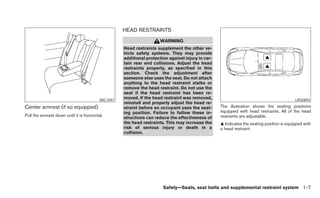 HEAD RESTRAINTS
                                                                       WARNING
                                                     Head restraints supplement the other ve-
                                                     hicle safety systems. They may provide
                                                     additional protection against injury in cer-
                                                     tain rear end collisions. Adjust the head
                                                     restraints properly, as specified in this
                                                     section. Check the adjustment after
                                                     someone else uses the seat. Do not attach
                                                     anything to the head restraint stalks or
                                                     remove the head restraint. Do not use the
                                                     seat if the head restraint has been re-
                                           WIC1097
                                                     moved. If the head restraint was removed,                                              LRS0893
                                                     reinstall and properly adjust the head re-
Center armrest (if so equipped)                      straint before an occupant uses the seat-      The illustration shows the seating positions
                                                     ing position. Failure to follow these in-      equipped with head restraints. All of the head
Pull the armrest down until it is horizontal.                                                       restraints are adjustable.
                                                     structions can reduce the effectiveness of
                                                     the head restraints. This may increase the     ᭡ Indicates the seating position is equipped with
                                                     risk of serious injury or death in a           a head restraint.
                                                     collision.




                                                                        Safety—Seats, seat belts and supplemental restraint system 1-7
 
