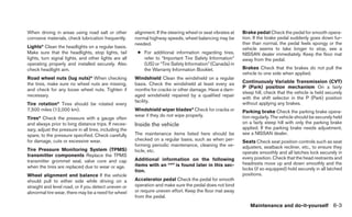 When driving in areas using road salt or other          alignment. If the steering wheel or seat vibrates at   Brake pedal Check the pedal for smooth opera-
corrosive materials, check lubrication frequently.      normal highway speeds, wheel balancing may be          tion. If the brake pedal suddenly goes down fur-
                                                        needed.                                                ther than normal, the pedal feels spongy or the
Lights* Clean the headlights on a regular basis.                                                               vehicle seems to take longer to stop, see a
Make sure that the headlights, stop lights, tail         ● For additional information regarding tires,         NISSAN dealer immediately. Keep the floor mat
lights, turn signal lights, and other lights are all       refer to “Important Tire Safety Information”        away from the pedal.
operating properly and installed securely. Also            (US) or “Tire Safety Information” (Canada) in
check headlight aim.                                       the Warranty Information Booklet.                   Brakes Check that the brakes do not pull the
                                                                                                               vehicle to one side when applied.
Road wheel nuts (lug nuts)* When checking               Windshield Clean the windshield on a regular
the tires, make sure no wheel nuts are missing,         basis. Check the windshield at least every six         Continuously Variable Transmission (CVT)
                                                                                                               P (Park) position mechanism On a fairly
and check for any loose wheel nuts. Tighten if          months for cracks or other damage. Have a dam-
                                                                                                               steep hill, check that the vehicle is held securely
necessary.                                              aged windshield repaired by a qualified repair
                                                                                                               with the shift selector in the P (Park) position
                                                        facility.                                              without applying any brakes.
Tire rotation* Tires should be rotated every
7,500 miles (12,000 km).                                Windshield wiper blades* Check for cracks or           Parking brake Check the parking brake opera-
                                                        wear if they do not wipe properly.                     tion regularly. The vehicle should be securely held
Tires* Check the pressure with a gauge often
and always prior to long distance trips. If neces-      Inside the vehicle                                     on a fairly steep hill with only the parking brake
sary, adjust the pressure in all tires, including the                                                          applied. If the parking brake needs adjustment,
spare, to the pressure specified. Check carefully       The maintenance items listed here should be            see a NISSAN dealer.
for damage, cuts or excessive wear.                     checked on a regular basis, such as when per-          Seats Check seat position controls such as seat
                                                        forming periodic maintenance, cleaning the ve-         adjusters, seatback recliner, etc., to ensure they
Tire Pressure Monitoring System (TPMS)                  hicle, etc.                                            operate smoothly and all latches lock securely in
transmitter components Replace the TPMS
                                                        Additional information on the following                every position. Check that the head restraints and
transmitter grommet seal, valve core and cap                                                                   headrests move up and down smoothly and the
when the tires are replaced due to wear or age.         items with an “*” is found later in this sec-
                                                        tion.                                                  locks (if so equipped) hold securely in all latched
Wheel alignment and balance If the vehicle                                                                     positions.
should pull to either side while driving on a           Accelerator pedal Check the pedal for smooth
straight and level road, or if you detect uneven or     operation and make sure the pedal does not bind
abnormal tire wear, there may be a need for wheel       or require uneven effort. Keep the floor mat away
                                                        from the pedal.
                                                                                                                   Maintenance and do-it-yourself 8-3
 