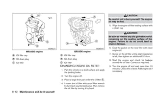 CAUTION
                                                                                                Be careful not to burn yourself. The engine
                                                                                                oil may be hot.
                                                                                                5. Wipe the engine oil filter sealing surface with
                                                                                                   a clean rag.

                                                                                                                     CAUTION
                                                                                                Be sure to remove any old gasket material
                                                                                                remaining on the sealing surface of the
                                                                                                engine. Failure to do so could lead to
                                                                                                engine damage.

                                 WDI0521                                           WDI0597      6. Coat the gasket on the new filter with clean
                                                                                                   engine oil.
                 MR20DE engine                              QR25DE engine
                                                                                                7. Screw on the oil filter until a slight resistance
᭺
A   Oil filler cap                         ᭺
                                           A   Oil filler cap
                                                                                                   is felt, then tighten an additional 2/3 turn.
᭺
B   Oil drain plug                         ᭺
                                           B   Oil drain plug
                                                                                                8. Start the engine and check for leakage
᭺
C   Oil filter                             ᭺
                                           C   Oil filter                                          around the oil filter. Correct as required.
                                           CHANGING ENGINE OIL FILTER                           9. Turn the engine off and wait more than 10
                                                                                                   minutes. Check the oil level. Add engine oil if
                                           1. Park the vehicle on a level surface and apply
                                                                                                   necessary.
                                              the parking brake.
                                           2. Turn the engine off.
                                           3. Place a large drain pan under the oil filter ᭺.
                                                                                           C

                                           4. Loosen the oil filter with an oil filter wrench
                                              by turning it counterclockwise. Then remove
                                              the oil filter by turning it by hand.
8-12 Maintenance and do-it-yourself
 