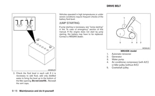 DRIVE BELT


                                                       Vehicles operated in high temperatures or under
                                                       severe conditions require frequent checks of the
                                                       battery fluid level.
                                                       JUMP STARTING
                                                       If jump starting is necessary, see “Jump starting”
                                                       in the “In case of emergency” section of this
                                                       manual. If the engine does not start by jump
                                                       starting, the battery may have to be replaced.
                                                       Contact a NISSAN dealer.




                                                                                                                                               WDI0638
                                                                                                                         MR20DE model
                                                                                                            1.   Automatic tensioner
                                                                                                            2.   Generator
                                                                                                            3.   Water pump
                                                                                                            4.   Air conditioner compressor (with A/C)
                                                                                                                 or Idler pulley (without A/C)
                                                                                                            5.   Crankshaft pulley
                                          WDI0529
 2. Check the fluid level in each cell. If it is
    necessary to add fluid, add only distilled
    water to bring the level up to the bottom of
    the filler opening. Do not overfill. . Reinstall
    the vent caps.


8-16 Maintenance and do-it-yourself
 