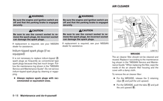 AIR CLEANER


                   WARNING                                          WARNING
Be sure the engine and ignition switch are         Be sure the engine and ignition switch are
off and that the parking brake is engaged          off and that the parking brake is engaged
securely.                                          securely.

                    CAUTION                                          CAUTION
Be sure to use the correct socket to re-           Be sure to use the correct socket to re-
move the spark plugs. An incorrect socket          move the spark plugs. An incorrect socket
can damage the spark plugs.                        can damage the spark plugs.
If replacement is required, see your NISSAN        If replacement is required, see your NISSAN
dealer for assistance.                             dealer for assistance.

Iridium-tipped spark plugs (if so                                                                                                        LDI0710
equipped)                                                                                                             MR20DE
                                                                                                 The air cleaner filter should not be cleaned and
It is not necessary to replace iridium-tipped ᭺
                                              A
                                                                                                 reused. Replace it according to the maintenance
spark plugs as frequently as conventional type
                                                                                                 log shown in the “NISSAN Service and Mainte-
spark plugs because they last much longer. Fol-
                                                                                                 nance Guide.” When replacing the filter, wipe the
low the maintenance log shown in the “NISSAN
                                                                                                 inside of the air cleaner filter housing and the
Service and Maintenance Guide”. Do not service
                                                                                                 cover with a damp cloth.
iridium-tipped spark plugs by cleaning or regap-
ping.                                                                                            To remove the air cleaner filter:
 ● Always replace spark plugs with rec-                                                           ● For the MR20DE, release the 2 retaining
   ommended or equivalent ones.                                                                     clips ᭺ and pull the unit upward.
                                                                                                          A

                                                                                                  ● For the QR25DE, push the tabs ᭺ and pull
                                                                                                                                  A
                                                                                                    the unit upward ᭺.
                                                                                                                    B



8-18 Maintenance and do-it-yourself
 