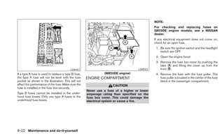 NOTE:
                                                                                              For checking and replacing fuses on
                                                                                              QR25DE engine models, see a NISSAN
                                                                                              dealer.
                                                                                              If any electrical equipment does not come on,
                                                                                              check for an open fuse.
                                                                                               1. Be sure the ignition switch and the headlight
                                                                                                  switch are OFF.
                                                                                               2. Open the engine hood.
                                                                                               3. Remove the fuse box cover by pushing the
                                                                                                  tabs ᭺ and lifting the cover up from the
                                                                                                        A
                                          LDI0457                                   LDI0542       front ᭺.
                                                                                                        B

If a type A fuse is used to replace a type B fuse,             (MR20DE engine)                 4. Remove the fuse with the fuse puller. The
the type A fuse will not be level with the fuse      ENGINE COMPARTMENT                           fuse puller is located in the center of the fuse
pocket as shown in the illustration. This will not                                                block in the passenger compartment.
affect the performance of the fuse. Make sure the                   CAUTION
fuse is installed in the fuse box securely.
                                                     Never use a fuse of a higher or lower
Type B fuses cannot be installed in the under-       amperage rating than specified on the
hood fuse boxes. Only use type A fuses in the        fuse box cover. This could damage the
underhood fuse boxes.                                electrical system or cause a fire.




8-22 Maintenance and do-it-yourself
 