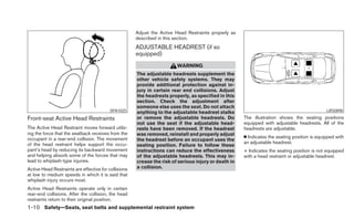 Adjust the Active Head Restraints properly as
                                                      described in this section.
                                                      ADJUSTABLE HEADREST (if so
                                                      equipped)
                                                                        WARNING
                                                      The adjustable headrests supplement the
                                                      other vehicle safety systems. They may
                                                      provide additional protection against in-
                                                      jury in certain rear end collisions. Adjust
                                                      the headrests properly, as specified in this
                                                      section. Check the adjustment after
                                                      someone else uses the seat. Do not attach
                                         SPA1025      anything to the adjustable headrest stalks                                              LRS0898

Front-seat Active Head Restraints                     or remove the adjustable headrests. Do          The illustration shows the seating positions
                                                      not use the seat if the adjustable head-        equipped with adjustable headrests. All of the
The Active Head Restraint moves forward utiliz-       rests have been removed. If the headrest        headrests are adjustable.
ing the force that the seatback receives from the     was removed, reinstall and properly adjust
occupant in a rear-end collision. The movement                                                        Ⅲ Indicates the seating position is equipped with
                                                      the headrest before an occupant uses the
of the head restraint helps support the occu-                                                         an adjustable headrest.
                                                      seating position. Failure to follow these
pant’s head by reducing its backward movement         instructions can reduce the effectiveness       + Indicates the seating position is not equipped
and helping absorb some of the forces that may        of the adjustable headrests. This may in-       with a head restraint or adjustable headrest.
lead to whiplash-type injuries.                       crease the risk of serious injury or death in
Active Head Restraints are effective for collisions   a collision.
at low to medium speeds in which it is said that
whiplash injury occurs most.
Active Head Restraints operate only in certain
rear-end collisions. After the collision, the head
restraints return to their original position.
1-10 Safety—Seats, seat belts and supplemental restraint system
 