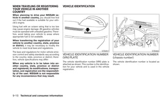 WHEN TRAVELING OR REGISTERING                          VEHICLE IDENTIFICATION
YOUR VEHICLE IN ANOTHER
COUNTRY
When planning to drive your NISSAN ve-
hicle in another country, you should first find
out if the fuel available is suitable for your vehi-
cle’s engine.
Using fuel with an octane rating that is too low
may cause engine damage. All gasoline vehicles
must be operated with unleaded gasoline. There-
fore, avoid taking your vehicle to areas where
appropriate fuel is not available.
When transferring the registration of your
vehicle to another country, state, province
or district, it may be necessary to modify the
vehicle to meet local laws and regulations.
                                                                                                STI0457                                           STI0465
The laws and regulations for motor vehicle emis-
sion control and safety standards vary according       VEHICLE IDENTIFICATION NUMBER                       VEHICLE IDENTIFICATION NUMBER
to the country, state, province or district; there-    (VIN) PLATE                                         (chassis number)
fore, vehicle specifications may differ.
                                                       The vehicle identification number (VIN) plate is    The vehicle identification number is located as
When any vehicle is to be taken into an-               attached as shown. This number is the identifica-   shown.
other country, state, province or district             tion for your vehicle and is used in the vehicle
and registered, its modifications, transpor-           registration.
tation, and registration are the responsibil-
ity of the user. NISSAN is not responsible
for any inconvenience that may result.




9-10 Technical and consumer information
 