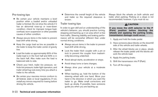 Pre-towing tips                                          ● Determine the overall height of the vehicle         Always block the wheels on both vehicle and
                                                           and trailer so the required clearance is            trailer when parking. Parking on a slope is not
 ● Be certain your vehicle maintains a level               known.                                              recommended; however, if you must do so:
   position when a loaded and/or unloaded
   trailer is hitched. Do not drive the vehicle if it   Trailer towing tips                                                        CAUTION
   has an abnormal nose-up or nose-down
                                                        In order to gain skill and an understanding of the     If you move the shift selector to the P
   condition; check for improper tongue load,
                                                        vehicle’s behavior, you should practice turning,       (Park) position before blocking the
   overload, worn suspension or other possible
                                                        stopping and backing up in an area which is free       wheels and applying the parking brake,
   causes of either condition.
                                                        from traffic. Steering stability and braking perfor-   transmission damage could occur.
 ● Always secure items in the trailer to prevent        mance will be somewhat different than under
                                                                                                                1. Apply and hold the brake pedal.
   load shift while driving.                            normal driving conditions.
                                                                                                                2. Have someone place blocks on the downhill
 ● Keep the cargo load as low as possible in             ● Always secure items in the trailer to prevent           side of the vehicle and trailer wheels.
   the trailer to keep the trailer center of gravity       load shift while driving.
   low.                                                                                                         3. After the wheel blocks are in place, slowly
                                                         ● Lock the trailer hitch coupler with a pin or            release the brake pedal until the blocks ab-
 ● Load the trailer so approximately 60% of the            lock to prevent the coupler from inadvert-              sorb the vehicle load.
   trailer load is in the front half and 40% is in         ently becoming unlatched.
   the back half. Also make sure the load is                                                                    4. Apply the parking brake.
                                                         ● Avoid abrupt starts, acceleration or stops.
   balanced side to side.                                                                                       5. Shift the transmission into P (Park).
                                                         ● Avoid sharp turns or lane changes.
 ● Check your hitch, trailer tire pressure, ve-                                                                 6. Turn off the engine.
   hicle tire pressure, trailer light operation, and     ● Always drive your vehicle at a moderate
   trailer wheel lug nuts every time you attach a          speed.
   trailer to the vehicle.
                                                         ● When backing up, hold the bottom of the
 ● Be certain your rearview mirrors conform to             steering wheel with one hand. Move your
   all federal, state or local regulations. If not,        hand in the direction in which you want the
   install any mirrors required for towing before          trailer to go. Make small corrections and
   driving the vehicle.                                    back up slowly. If possible, have someone
                                                           guide you when you are backing up.

9-22 Technical and consumer information
 