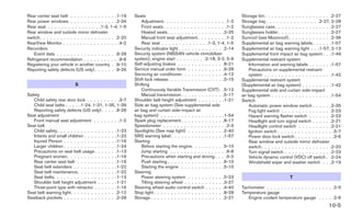 Rear center seat belt . . . . . . . . . . . . . .1-19     Seats                                                      Storage bin . . . . . . . . . . . . . . . . . . . .2-27
Rear power windows . . . . . . . . . . . . . .2-34            Adjustment. . . . . . . . . . . . . . . . . . .1-2     Storage tray . . . . . . . . . . . . . . . .2-27, 2-28
Rear seat . . . . . . . . . . . . . . . .1-3, 1-4, 1-5        Front seats . . . . . . . . . . . . . . . . . . .1-2   Sunglasses case. . . . . . . . . . . . . . . . .2-27
Rear window and outside mirror defroster                      Heated seats . . . . . . . . . . . . . . . . .2-25     Sunglasses holder . . . . . . . . . . . . . . . .2-27
switch. . . . . . . . . . . . . . . . . . . . . . .2-20       Manual front seat adjustment . . . . . . . . .1-2      Sunroof (see Moonroof) . . . . . . . . . . . . .2-36
RearView Monitor . . . . . . . . . . . . . . . . .4-2         Rear seat . . . . . . . . . . . . . .1-3, 1-4, 1-5     Supplemental air bag warning labels . . . . . .1-57
Recorders                                                 Security indicator light. . . . . . . . . . . . . .2-14    Supplemental air bag warning light . . .1-57, 2-13
   Event data . . . . . . . . . . . . . . . . . .9-28     Security system (NISSAN vehicle immobilizer                Supplemental front impact air bag system . . .1-49
Refrigerant recommendation . . . . . . . . . . .9-6       system), engine start . . . . . . . . .2-18, 3-2, 5-9      Supplemental restraint system
Registering your vehicle in another country . .9-10       Self-adjusting brakes . . . . . . . . . . . . . .8-21          Information and warning labels . . . . . . .1-57
Reporting safety defects (US only) . . . . . . .9-26      Service manual order form . . . . . . . . . . .9-28            Precautions on supplemental restraint
                                                          Servicing air conditioner. . . . . . . . . . . . .4-12         system . . . . . . . . . . . . . . . . . . . .1-42
                                                          Shift lock release. . . . . . . . . . . . . . . . .5-15    Supplemental restraint system
                          S                               Shifting                                                   (Supplemental air bag system) . . . . . . . . .1-42
                                                              Continuously Variable Transmission (CVT) . .5-12       Supplemental side and curtain side-impact
Safety                                                        Manual transmission . . . . . . . . . . . . .5-17      air bag system . . . . . . . . . . . . . . . . . .1-54
   Child safety rear door lock . . . . . . . . . .3-7     Shoulder belt height adjustment . . . . . . . .1-21        Switch
   Child seat belts . . . . .1-24, 1-31, 1-35, 1-39       Side air bag system (See supplemental side                     Automatic power window switch . . . . . .2-35
   Reporting safety defects (US only) . . . . .9-26       air bag and curtain side-impact air                            Fog light switch . . . . . . . . . . . . . . .2-23
Seat adjustment                                           bag system) . . . . . . . . . . . . . . . . . . .1-54          Hazard warning flasher switch . . . . . . .2-23
   Front manual seat adjustment . . . . . . . .1-2        Spark plug replacement . . . . . . . . . . . . .8-17           Headlight and turn signal switch . . . . . .2-21
Seat belt                                                 Speedometer . . . . . . . . . . . . . . . . . . .2-3           Headlight control switch . . . . . . . . . .2-21
   Child safety. . . . . . . . . . . . . . . . . .1-23    Spotlights (See map light) . . . . . . . . . . .2-40           Ignition switch . . . . . . . . . . . . . . . . .5-7
   Infants and small children . . . . . . . . . .1-23     SRS warning label . . . . . . . . . . . . . . . .1-57          Power door lock switch . . . . . . . . . . . .3-6
   Injured Person . . . . . . . . . . . . . . . .1-16     Starting                                                       Rear window and outside mirror defroster
   Larger children . . . . . . . . . . . . . . . .1-24        Before starting the engine. . . . . . . . . .5-10          switch. . . . . . . . . . . . . . . . . . . . .2-20
   Precautions on seat belt usage . . . . . . .1-13           Jump starting . . . . . . . . . . . . . . . . .6-8         Turn signal switch . . . . . . . . . . . . . .2-23
   Pregnant women . . . . . . . . . . . . . . .1-16           Precautions when starting and driving . . . .5-2           Vehicle dynamic control (VDC) off switch . .2-24
   Rear center seat belt . . . . . . . . . . . .1-19          Push starting . . . . . . . . . . . . . . . . .6-10        Windshield wiper and washer switch . . .2-19
   Seat belt extenders . . . . . . . . . . . . .1-22          Starting the engine . . . . . . . . . . . . .5-10
   Seat belt maintenance. . . . . . . . . . . .1-22       Steering
   Seat belts. . . . . . . . . . . . . . . . . . .1-13        Power steering system . . . . . . . . . . .5-23                                   T
   Shoulder belt height adjustment . . . . . .1-21            Tilting steering wheel . . . . . . . . . . . .3-27
   Three-point type with retractor . . . . . . .1-16      Steering wheel audio control switch . . . . . .4-40        Tachometer . . . . . . . . . . . . . . . . . . . .2-5
Seat belt warning light. . . . . . . . . . . . . .2-12    Stop light . . . . . . . . . . . . . . . . . . . . .8-28   Temperature gauge
Seatback pockets . . . . . . . . . . . . . . . .2-28      Storage . . . . . . . . . . . . . . . . . . . . . .2-27       Engine coolant temperature gauge . . . . .2-6
                                                                                                                                                                      10-5
 