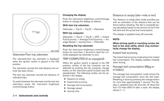 Changing the display                              Distance to empty (dte—mile or km)
                                                   Push the instrument brightness control/change     The distance to empty (dte) mode provides you
                                                   button to change the display as follows:          with an estimation of the distance that can be
                                                   With twin trip odometer:                          driven before refueling. The dte is constantly be-
                                                                                                     ing calculated, based on the amount of fuel in the
                                                   Odometer → Trip A → Trip B → Odometer             fuel tank and the actual fuel consumption.
                                                   With trip computer:
                                                                                                     The display is updated every 30 seconds.
                                                   Odometer → Trip A → Trip B → DTE → Instant
                                                   Fuel Economy → Average Fuel Economy → Av-         NOTE:
                                                   erage Speed → Journey time → Odometer
                                                                                                     When driving uphill or rounding curves, the
                                                   Resetting the trip odometer                       fuel in the tank shifts, which may momen-
                                                   Push the instrument brightness control/change     tarily change the display.
                                       WIC1508
                                                   button for more than 1 second to reset the cur-   Instant fuel economy
Odometer/Twin trip odometer                        rently displayed trip odometer to zero.
                                                                                                     The instant fuel economy mode shows the instant
The odometer/twin trip odometer is displayed       TRIP COMPUTER (if so equipped)                    fuel consumption. The display updates instantly
when the ignition switch is placed in the ON                                                         when driving.
                                                   When the ignition switch is placed in the ON
position.
                                                   position, modes of the trip computer can be
The odometer records the total distance the ve-    selected by pushing the trip computer change
                                                                                                     Average fuel consumption (Mpg or
hicle has been driven.                             button on the instrument panel located near the   l/100km)
                                                   speedometer. The following modes can be se-       The average fuel consumption mode shows the
The twin trip odometer records the distance of     lected in the display:
individual trips.                                                                                    average fuel consumption since the last reset.
                                                     ● Distance to empty                             Resetting is done by pressing the change button
To switch between the odometer and the twin trip     ● Instant fuel economy                          for more than approximately 1 second. The dis-
odometers press the instrument brightness            ● Average fuel consumption                      play is updated every 30 seconds. At about the
control/change button.                                                                               first 1/3 miles (500 m) after a reset, the display
                                                     ● Average speed
                                                     ● Journey time                                  shows (----).

2-4 Instruments and controls
 