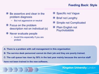 Feeding Back: Style <ul><li>Be assertive and clear in the problem diagnosis </li></ul><ul><ul><li>But not aggressive or ne...