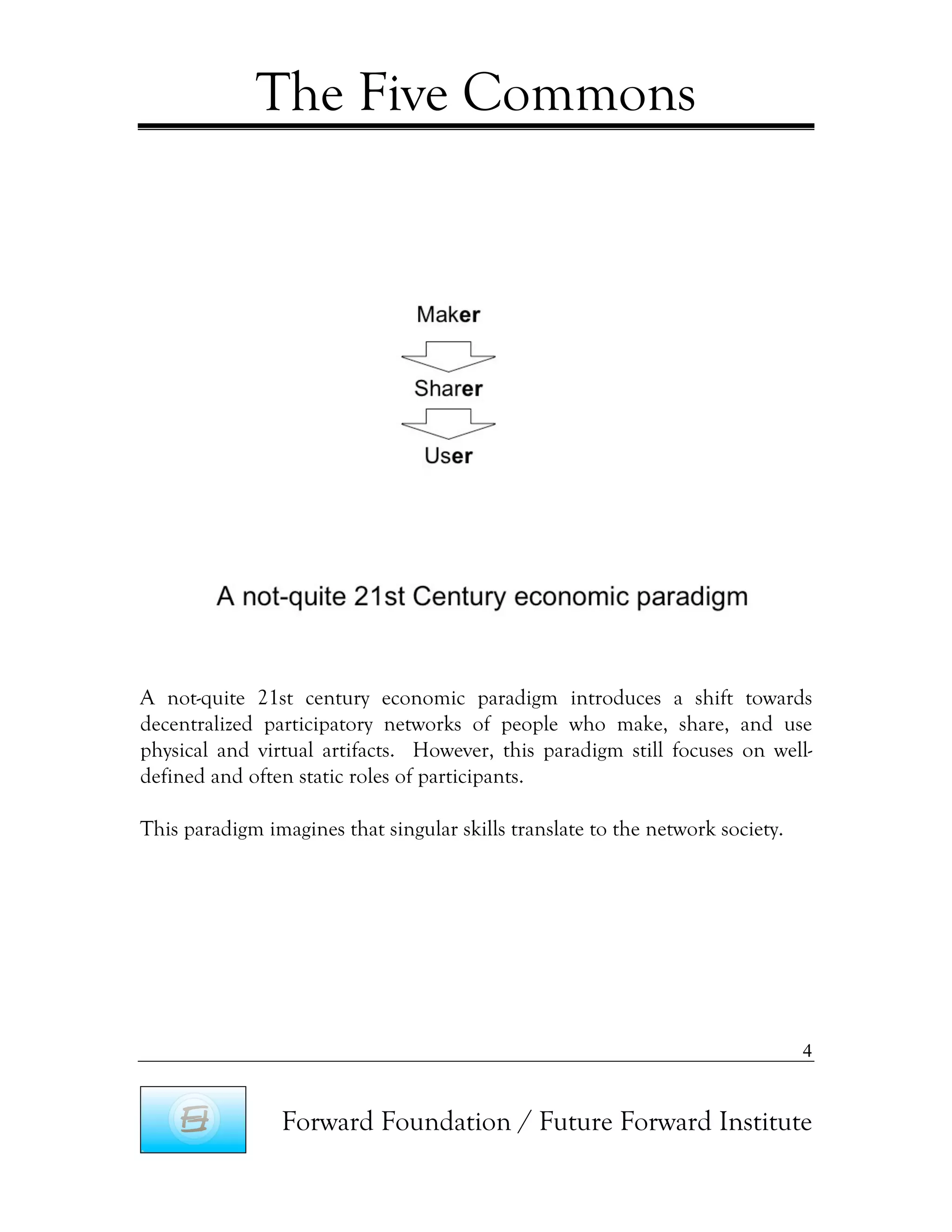 The Five Commons




A not-quite 21st century economic paradigm introduces a shift towards
decentralized participatory networks of people who make, share, and use
physical and virtual artifacts. However, this paradigm still focuses on well-
defined and often static roles of participants.

This paradigm imagines that singular skills translate to the network society.




                                                                                4


                Forward Foundation / Future Forward Institute
 