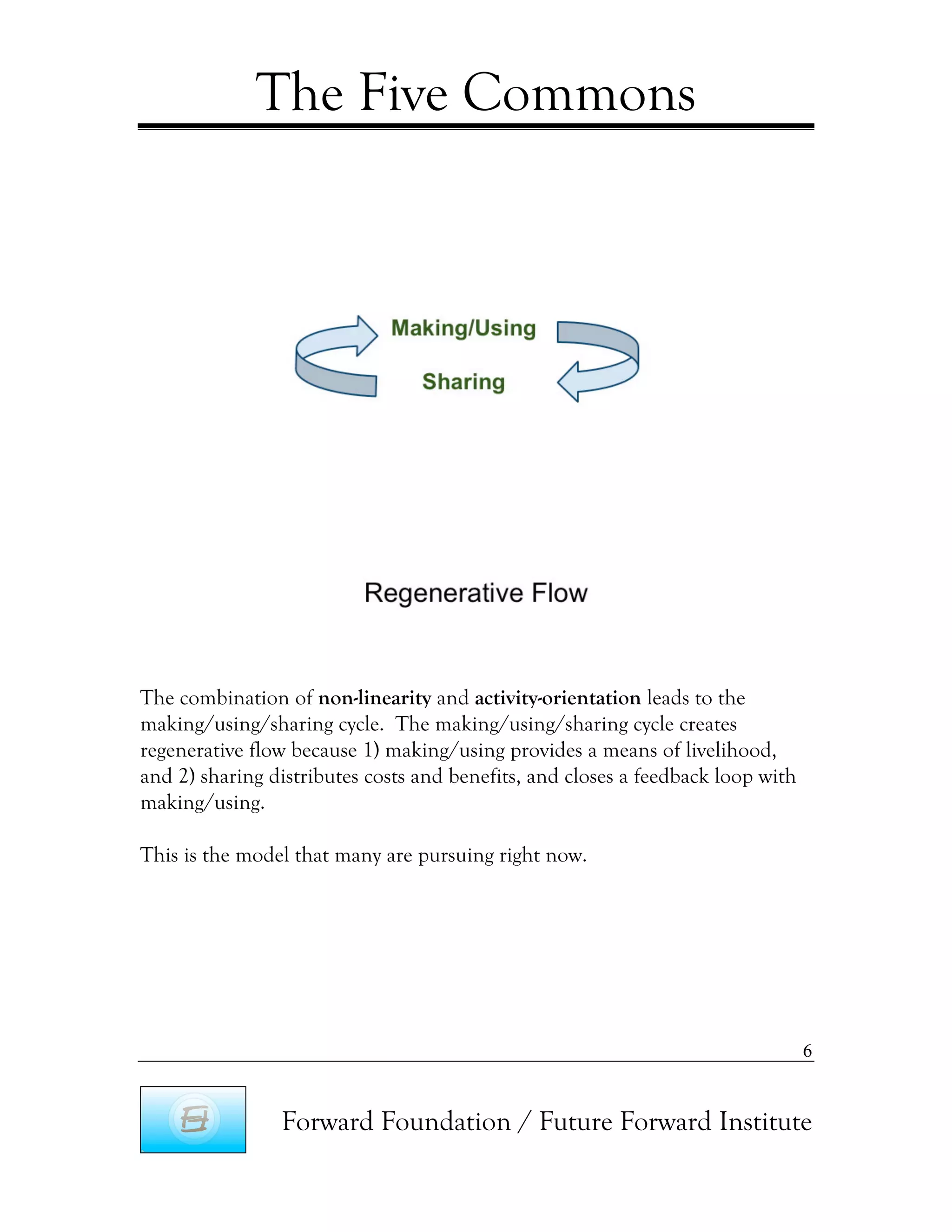 The Five Commons




The combination of non-linearity and activity-orientation leads to the
making/using/sharing cycle. The making/using/sharing cycle creates
regenerative flow because 1) making/using provides a means of livelihood,
and 2) sharing distributes costs and benefits, and closes a feedback loop with
making/using.

This is the model that many are pursuing right now.




                                                                                 6


                Forward Foundation / Future Forward Institute
 