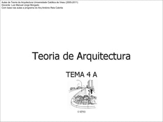 Aulas de Teoria da Arquitectura Universidade Católica de Viseu (2005-2011)
Docente: Luis Manuel Jorge Morgado
Com base nas aulas e programa do Arq António Reis Cabrita
 