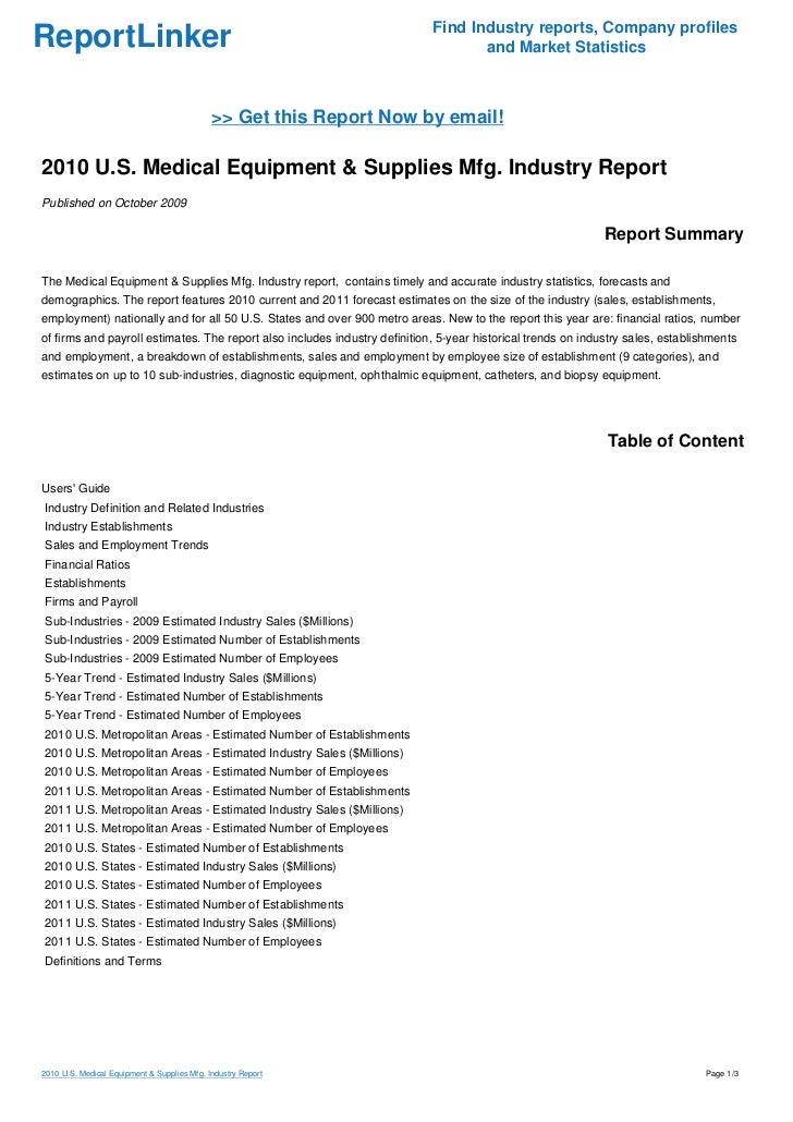 2010 U.S. Medical Equipment & Supplies Mfg. Industry Report