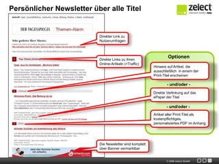 Persönlicher Newsletter über alle Titel


                          Direkter Link zu
                          Nutzerumfragen




                          Direkte Links zu Ihren
                                                                  Optionen
                          Online-Artikeln (=Traffic)
                                                         Hinweis auf Artikel, die
                                                         ausschließlich in einem der
                                                         Print-Titel erscheinen

                                                                 - und/oder -
                                                         Direkte Verlinkung auf das
                                                         ePaper der Titel

                                                                - und/oder -
                                                         Artikel aller Print-Titel als
                                                         kostenpflichtiges,
                                                         personalisiertes PDF im Anhang




                          Die Newsletter sind komplett
                          über Banner vermarktbar


                                                                 © 2009 zelect GmbH
 