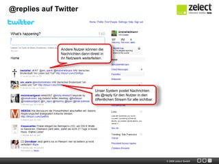 @replies auf Twitter




               Andere Nutzer können die
               Nachrichten dann direkt in
               ihr Netzwerk weiterleiten.




                                   Unser System postet Nachrichten
                                   als @reply für den Nutzer in den
                                   öffentlichen Stream für alle sichtbar.




                                                                            © 2009 zelect GmbH
 