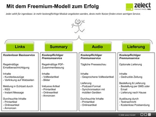 Mit dem Freemium-Modell zum Erfolg
  Jeder zahlt für irgendwas: Je mehr kostenpflichtige Module angeboten werden, desto mehr Nutzer finden einen wertigen Service.




          Links                            Summary                               Audio                             Lieferung

Kostenloser Basisservice           Kostenpflichtiger                   Kostenpflichtiger                   Kostenpflichtiger
                                   Premiumservice                      Premiumservice                      Premiumservice

Regelmäßige                        Regelmäßige PDF-                    Tägliche Presseschau                Optionale Lieferung
Emailbenachrichtigung              Zusammenfassung

Inhalte                            Inhalte                             Inhalte                             Inhalte
- Kurztextauszüge                  - Volltextartikel                   - Gesprochene Volltextartikel       - Gedruckte Zeitung
- Verlinkung auf Webseiten         - Bilder
                                                                       Lieferung                           Bestellung & Lieferung
Meldung in Echtzeit durch          Inklusive Artikel                   - Podcast-Format                    - Bestellung per SMS oder
- RSS                              - Printartikel                      - Synchronisation mit                 Email
- Instant Message                  - Onlineartikel                       mobilen Geräten                   - Lieferung nach Hause
                                   - Annoncen
Durchsuchte Inhalte                                                    Durchsuchte Inhalte                 Auslösung durch
- Printartikel                                                         - Printartikel                      - Textnachricht
- Onlineartikel                                                        - Onlineartikel                     - Kostenlose Postsendung
- Annoncen

                                                                                                          © 2009 zelect GmbH
 
