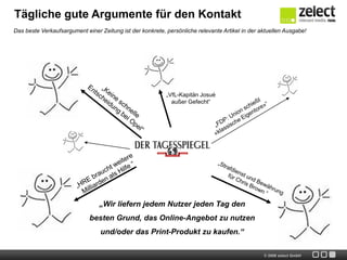 Tägliche gute Argumente für den Kontakt
Das beste Verkaufsargument einer Zeitung ist der konkrete, persönliche relevante Artikel in der aktuellen Ausgabe!




                                                           „VfL-Kapitän Josué
                                                             außer Gefecht“




                                 „Wir liefern jedem Nutzer jeden Tag den
                             besten Grund, das Online-Angebot zu nutzen
                                 und/oder das Print-Produkt zu kaufen.“

                                                                                                 © 2009 zelect GmbH
 
