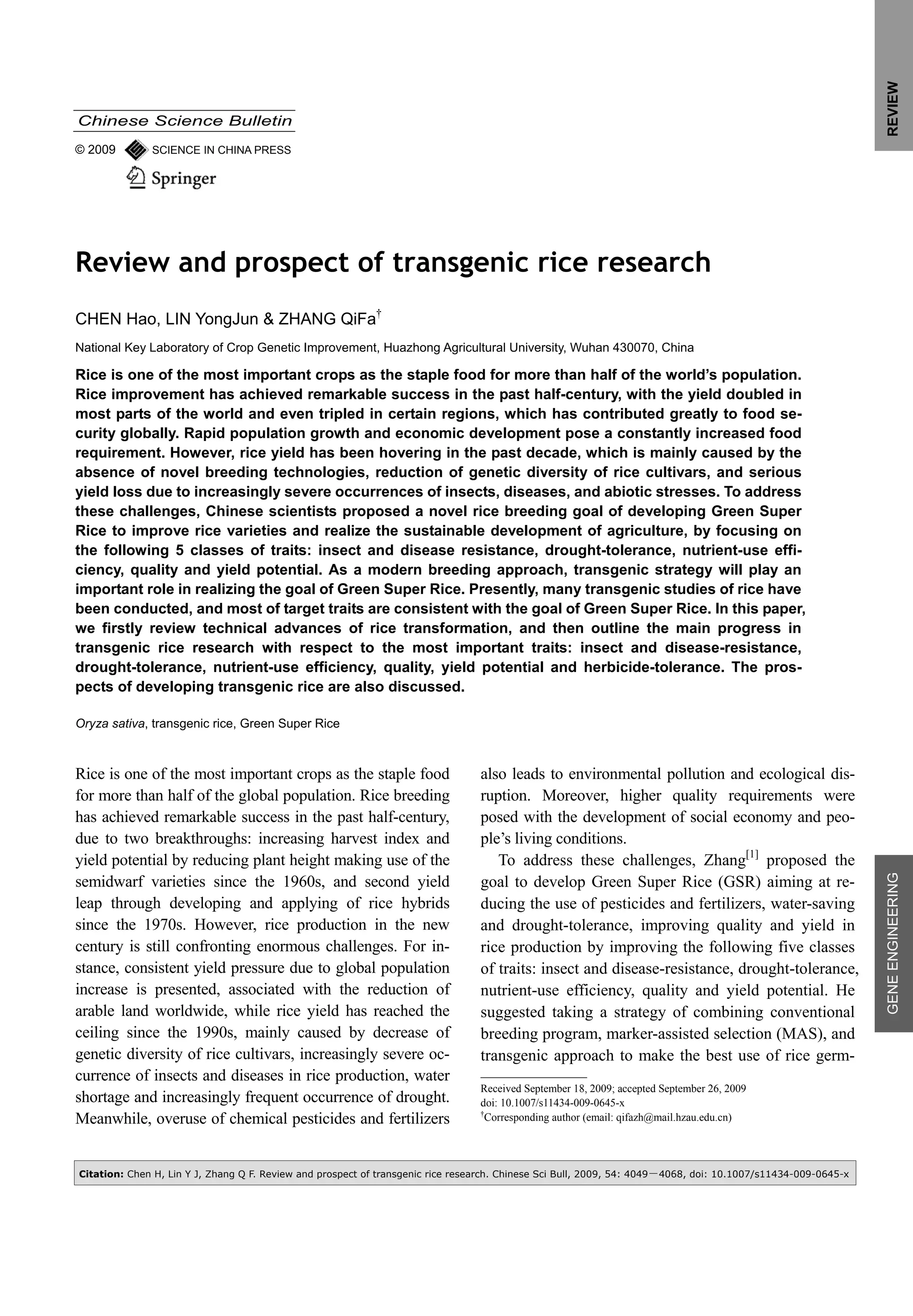 Review and prospect of transgenic rice research | PDF