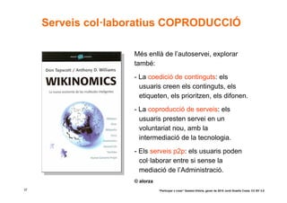 Serveis col·laboratius COPRODUCCIÓ

                    Més enllà de l’autoservei, explorar
                    també:
                    - La coedició de continguts: els
                      usuaris creen els continguts, els
                      etiqueten, els prioritzen, els difonen.
                    - La coproducció de serveis: els
                      usuaris presten servei en un
                      voluntariat nou, amb la
                      intermediació de la tecnologia.
                    - Els serveis p2p: els usuaris poden
                      col·laborar entre si sense la
                      mediació de l’Administració.
                    © alorza
37                             “Participar x crear” Gasteiz-Vitòria, gener de 2010 Jordi Graells Costa. CC BY 3.0
 