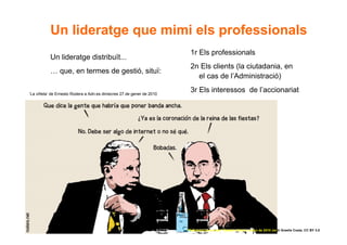 Un lideratge que mimi els professionals
                                                                        1r Els professionals
           Un lideratge distribuït...
                                                                        2n Els clients (la ciutadania, en
           … que, en termes de gestió, situï:
                                                                          el cas de l’Administració)

‘La viñeta’ de Ernesto Rodera a Adn.es dimecres 27 de gener de 2010
                                                                        3r Els interessos de l’accionariat




52                                                                    “Participar para crear” Gasteiz-Vitoria, enero de 2010 Jordi Graells Costa. CC BY 3.0
 