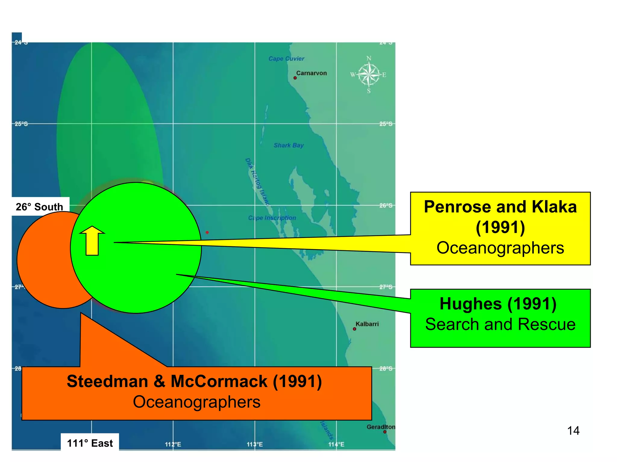Sources of expertise for wreck-hunting Navigation records often provide the best source of information for wreck-hunting. Bob Ballard’s achievements (Ballard, 2008) are substantially based on the successful use of navigation information. David Mearns too has used his expertise in this domain to good effect. In the case of  Kormoran  however, critical information survived the battle and a week at sea in the heads of the crew - the domain experts - and memory and forgetting were critical. In other cases, oceanography, history or oral history might be important.  Because most of the information in the archives compiled in 1941 depended on the recollection of the  Kormoran  survivors, Kirsner and Dunn’s expertise was appropriate. Henceforth we will refer to this material as the  Kormoran Database .  The in-water search depended on different skills, and we acknowledge Mearn’s expertise in this domain. 