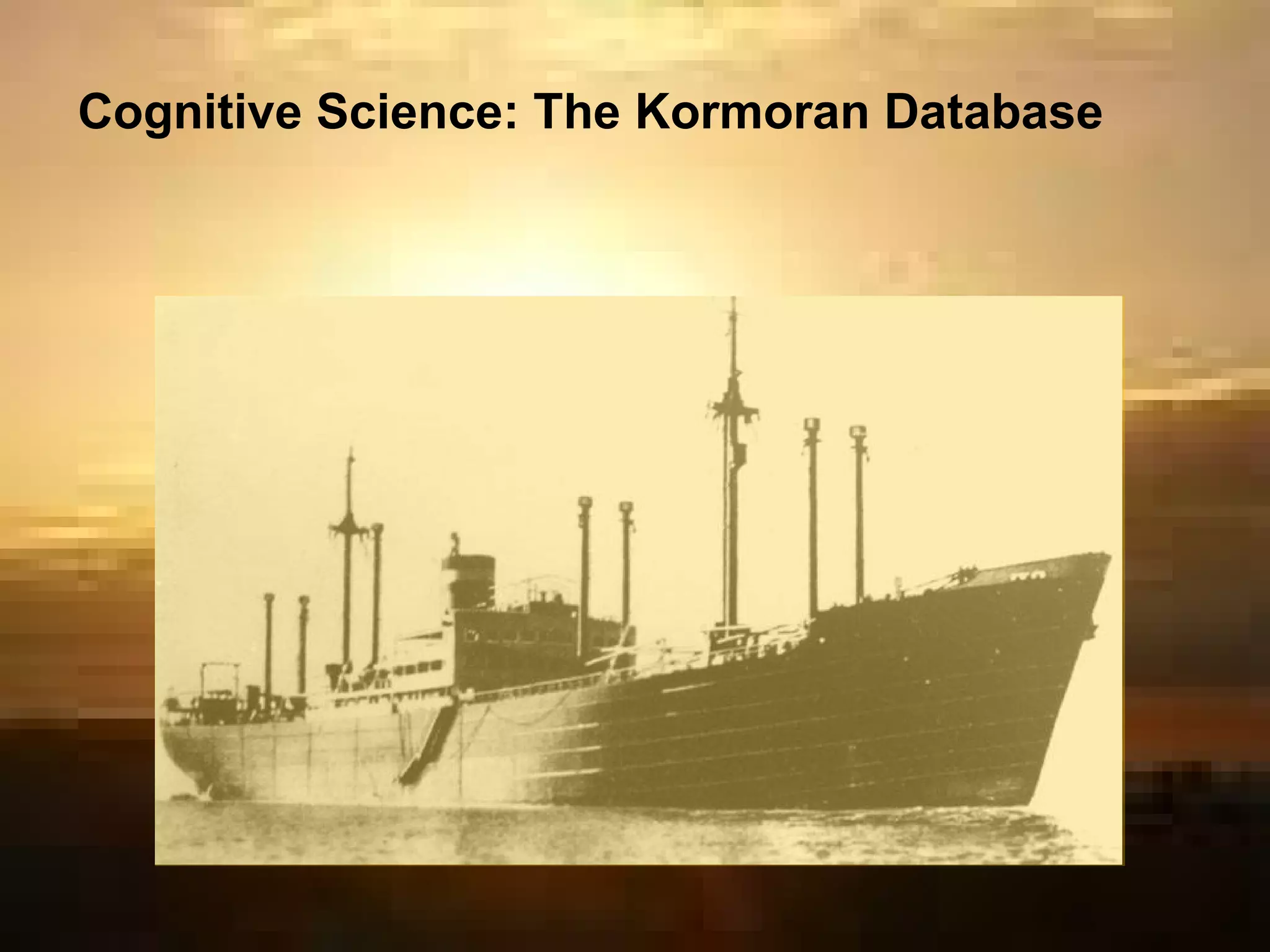 What is in the  Kormoran  Database? The Database included the following reports based on interrogations with survivors conducted between November 26th and December 10th 1941 Eighteen reports referred to 26° S 111° E. Ten further reports referred to either 26° S or 111° E.  Six reports referred to a distance from land, the values given being 60 nm (1), 120 nm (3) and 150 nm (2). 120 nm was selected because it was the most frequent. Two reports stated that one lifeboat sailed 150 nm or 153 nm NE from the point of disembarkation from  Kormoran  to the coast One report stated that the battle occurred 160 nm SW of NW Cape. NW Cape and Cape Cuvier provide an obvious point of confusion, and Cape Cuvier was probably the target for all five lifeboats.  Four reports referred to 130 nm SW of Shark Bay. Fourteen reports referred to 26°34’, 26° 32’, 26° 31’ or 26° 30’ S 111° E. Reports involving singletons and outliers were discarded. The geographical depictions in  Section 5.3 Cognitive Science: Selection of Source Arguments  include constraints derived from other sources 