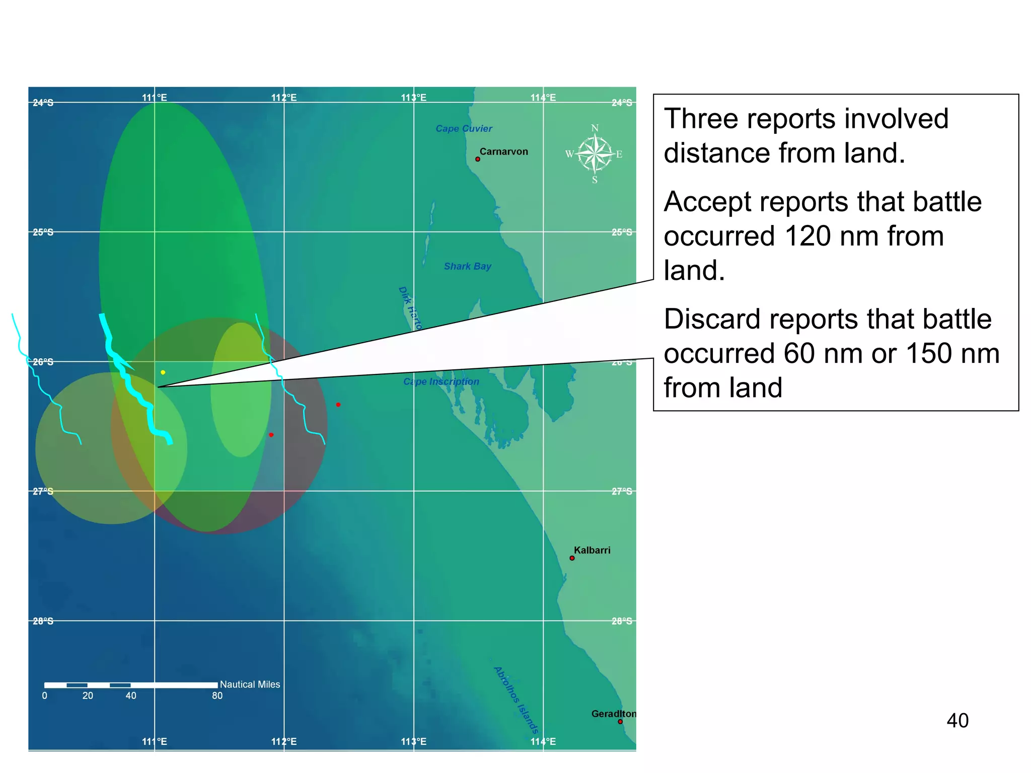Kirsner and Dunn (1998) Predicted   Position given as, “ Kormoran  sank a few miles to the north of “ 26 °15’ South 111° East. Error (1998) =  Distance between  Predicted  and  Observed  ≤  11 nm Kirsner & Dunn (1998) was submitted to the Ed Punchard-led  HMAS Sydney Foundation Trust  and the  Parliamentary Inquiry  in 1998. The  Trust  used our arguments as the starting point for a search plan. The search circle tabled at that time included the wreck of  Kormoran . The paper published by Kirsner and Dunn (1998) formed part of our journey. However, the paper was  not  recommended to the  FSF  by the authors, or adopted or even re-distributed by the  Foundation .  FSF / Mearns  (2008) Observed  position of  Kormoran  given as 26° 06’ South 111° 04’ East 