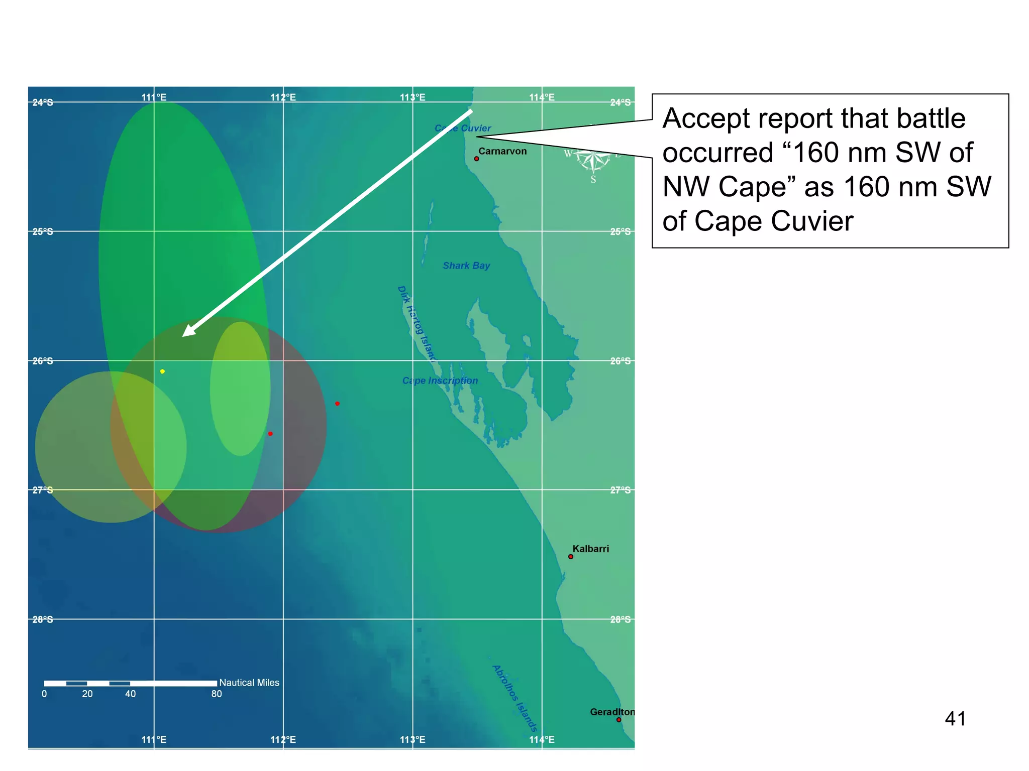 Context Between 1993 and 2005, the search agenda was dominated by map dowsing, navigation and oral history claims, and the searches implemented by the  RAN , the  RAAF  and private companies concentrated on the Abrolhos Islands, 200 nm from the wrecks. Prior to 2005, three groups supported a search in the vicinity of the wrecks, near 26° South 111° East; the Ed Punchard-led  HMAS Sydney Foundation Trust  between 1996 and 2001; the Trust’s successor, the Ted-Graham led- Finding Sydney Foundation (2001-2008) , and Olson, Hore, Goldsmith and Vickridge (2001). The appeal of the Abrolhos Island case to the  RAN  appears to have been based on a desire to explain the loss of  Sydney  by treachery on the part of the  Kormoran  crew. We accept the argument advanced by Tom Frame (1991), that the answer to that question is probably ‘unknowable’. 