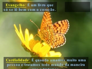 Cordialidade:  É quando amamos muito uma pessoa e tratamos todo mundo da maneira que a tratamos. Evangelho:  É um livro que só se lê bem com o coração. 