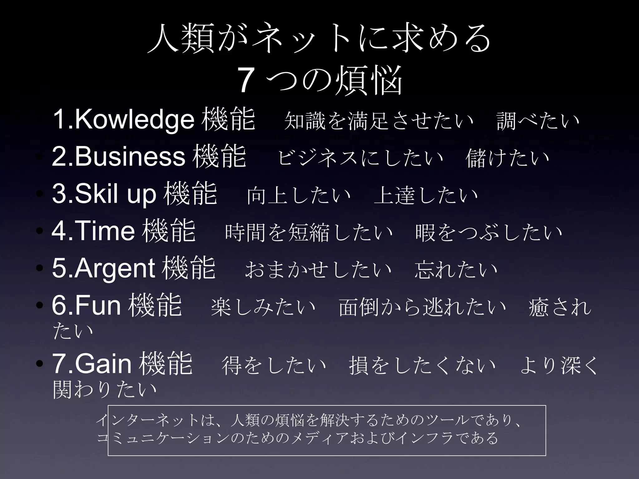 人類がネットに求める 7 つの煩悩 1.Kowledge 機能　 知識を満足させたい　調べたい 2.Business 機能　 ビジネスにしたい　儲けたい 3.Skil up 機能　 向上したい　上達したい　 4.Time 機能　 時間を短縮したい　暇をつぶしたい 5.Argent 機能   おまかせしたい　忘れたい   6.Fun 機能　 楽しみたい　面倒から逃れたい　癒されたい 7.Gain 機能　 得をしたい　損をしたくない　より深く関わりたい インターネットは、人類の煩悩を解決するためのツールであり、 コミュニケーションのためのメディアおよびインフラである 