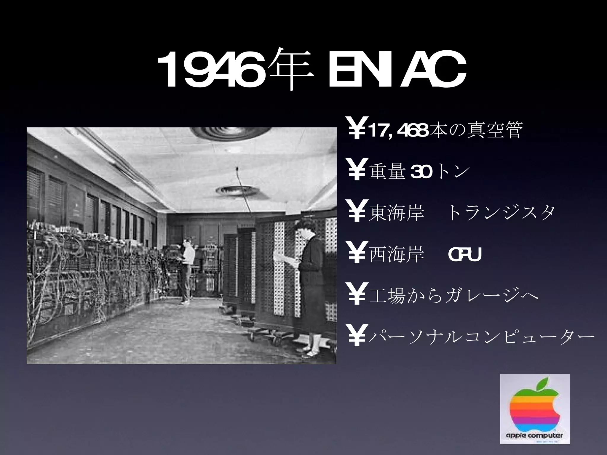 1946 年 ENIAC 17,468 本の真空管 重量 30 トン 東海岸　トランジスタ 西海岸　 CPU 工場からガレージへ パーソナルコンピューター 