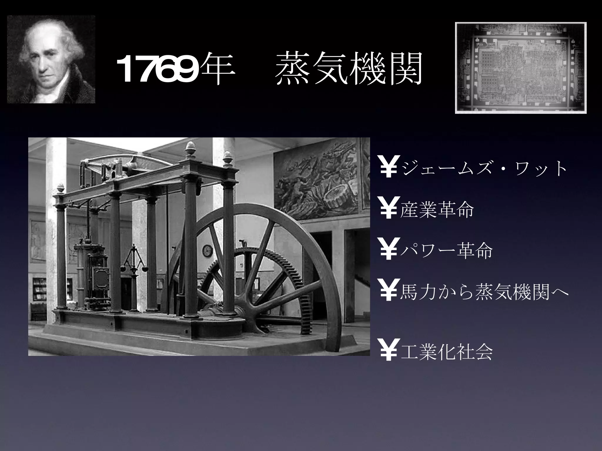 1769 年　蒸気機関 ジェームズ・ワット 産業革命 パワー革命 馬力から蒸気機関へ　 工業化社会 