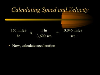 Calculating Speed and Velocity
165 miles
hr

x

1 hr
3,600 sec

• Now, calculate acceleration

=

0.046 miles
sec

 