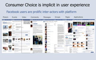 Consumer Choice is implicit in user experience
    Facebook users are prolific inter-actors with platform
Photo’s   Events   Video   Comments   Messages   Groups   Pages   Applications
 