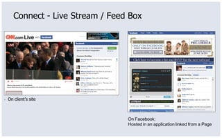 Connect - Live Stream / Feed Box




▪   On client’s site



                                   On Facebook:
                                   Hosted in an application linked from a Page
 