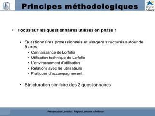 Principes méthodologiques Focus sur les questionnaires utilisés en phase 1 Questionnaires professionnels et usagers structurés autour de 5 axes  Connaissance de Lorfolio  Utilisation technique de Lorfolio  L’environnement d’utilisation  Relations avec les utilisateurs Pratiques d’accompagnement  Structuration similaire des 2 questionnaires Présentation Lorfolio : Région Lorraine et Inffolor 