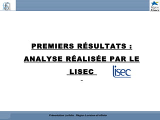 PREMIERS RÉSULTATS : ANALYSE RÉALISÉE PAR LE LISEC  Présentation Lorfolio : Région Lorraine et Inffolor 