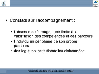 Constats sur l’accompagnement : l’absence de fil rouge : une limite à la valorisation des compétences et des parcours l’individu en périphérie de son propre parcours des logiques institutionnelles cloisonnées Présentation Lorfolio : Région Lorraine et Inffolor 