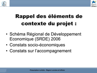 Rappel des éléments de contexte du projet : <ul><li>Schéma Régional de Développement Economique (SRDE) 2006 </li></ul><ul>...