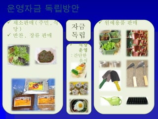 운영자금 독립방안 원예용품 판매 자금 독립 채소판매 ( 주민 , 식당 ) 반찬 ,  장류 판매 식당운영 : 간단한 음식 