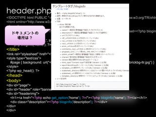 header.php<!DOCTYPE html PUBLIC "-//W3C//DTD XHTML 1.0 Transitional//EN" "http://www.w3.org/TR/xhtml1/DTD/xhtml1-transitional.dtd"><html xmlns="http://www.w3.org/1999/xhtml" <?phplanguage_attributes(); ?>><head><meta http-equiv="Content-Type" content="<?phpbloginfo('html_type'); ?>; charset=<?phpbloginfo('charset'); ?>" /><title>    <?phpwp_title('&laquo;', true, 'right'); ?>    <?phpbloginfo('name'); ?></title><link rel="stylesheet" href="<?phpbloginfo('stylesheet_url'); ?>" type="text/css” /><style type="text/css”>    #page { background: url("<?phpbloginfo('stylesheet_directory'); ?>/images/kubrickbg-ltr.jpg“) }</style><?phpwp_head(); ?></head><body><div id="page"><div id="header" role="banner"><div id="headerimg"><h1><a href="<?php echo get_option('home'); ?>/"><?phpbloginfo('name'); ?></a></h1><div class="description"><?phpbloginfo('description'); ?></div></div></div>ドキュメントの場所は？