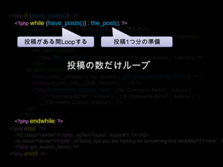 <?phpif (have_posts()) : ?><?phpwhile (have_posts()) : the_post(); ?><div <?phppost_class(); ?> id="post-<?phpthe_ID(); ?>"><h2><a href="<?phpthe_permalink()?>“ ><?phpthe_title(); ?></a></h2><small><?phpthe_time(__('F jS, Y', 'kubrick'))?></small><div class="entry"><?phpthe_content(__('Read the rest of this entry &raquo;', 'kubrick')); ?></div><p class="postmetadata"><?phpprintf(__('Posted in %s', 'kubrick'), get_the_category_list(', ')); ?> | <?phpedit_post_link(__('Edit', 'kubrick'), '', ' | '); ?> <?phpcomments_popup_link(__('No Comments »', 'kubrick'), __('1 Comment »', 'kubrick'), __('% Comments »', 'kubrick'), '',__('Comments Closed', 'kubrick') ); ?></p></div><?phpendwhile; ?><?phpelse : ?><h2 class="center"><?php _e('Not Found', 'kubrick'); ?></h2><p class="center"><?php _e('Sorry, but you are looking for something that isn’t here.', 'kubrick'); ?></p><?phpget_search_form(); ?><?phpendif; ?>投稿がある間Loopする投稿1つ分の準備投稿の数だけループ