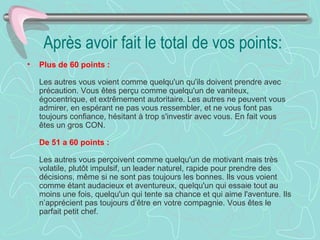 Après avoir fait le total de vos points: Plus de 60 points :     Les autres vous voient comme quelqu'un qu'ils doivent prendre avec précaution. Vous êtes perçu comme quelqu'un de vaniteux, égocentrique, et extrêmement autoritaire. Les autres ne peuvent vous admirer, en espérant ne pas vous ressembler, et ne vous font pas toujours confiance, hésitant à trop s'investir avec vous. En fait vous êtes un gros CON.    De 51 a 60 points :     Les autres vous perçoivent comme quelqu'un de motivant mais très volatile, plutôt impulsif, un leader naturel, rapide pour prendre des décisions, même si ne sont pas toujours les bonnes. Ils vous voient comme étant audacieux et aventureux, quelqu'un qui essaie tout au moins une fois, quelqu'un qui tente sa chance et qui aime l'aventure. Ils n’apprécient pas toujours d’être en votre compagnie. Vous êtes le parfait petit chef.  