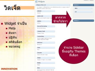 วิดเจ็ต
                      ลากจาก
                     ซ้ายไปขวา
   Widget จาเป็น
       Meta
       ค้นหา
       ปฏิทิน
       สถิติบล็อก
       หมวดหมู่           จานวน Sidebar
                          ขึ้นอยูกับ Themes
                                 ่
                                ที่เลือก
 