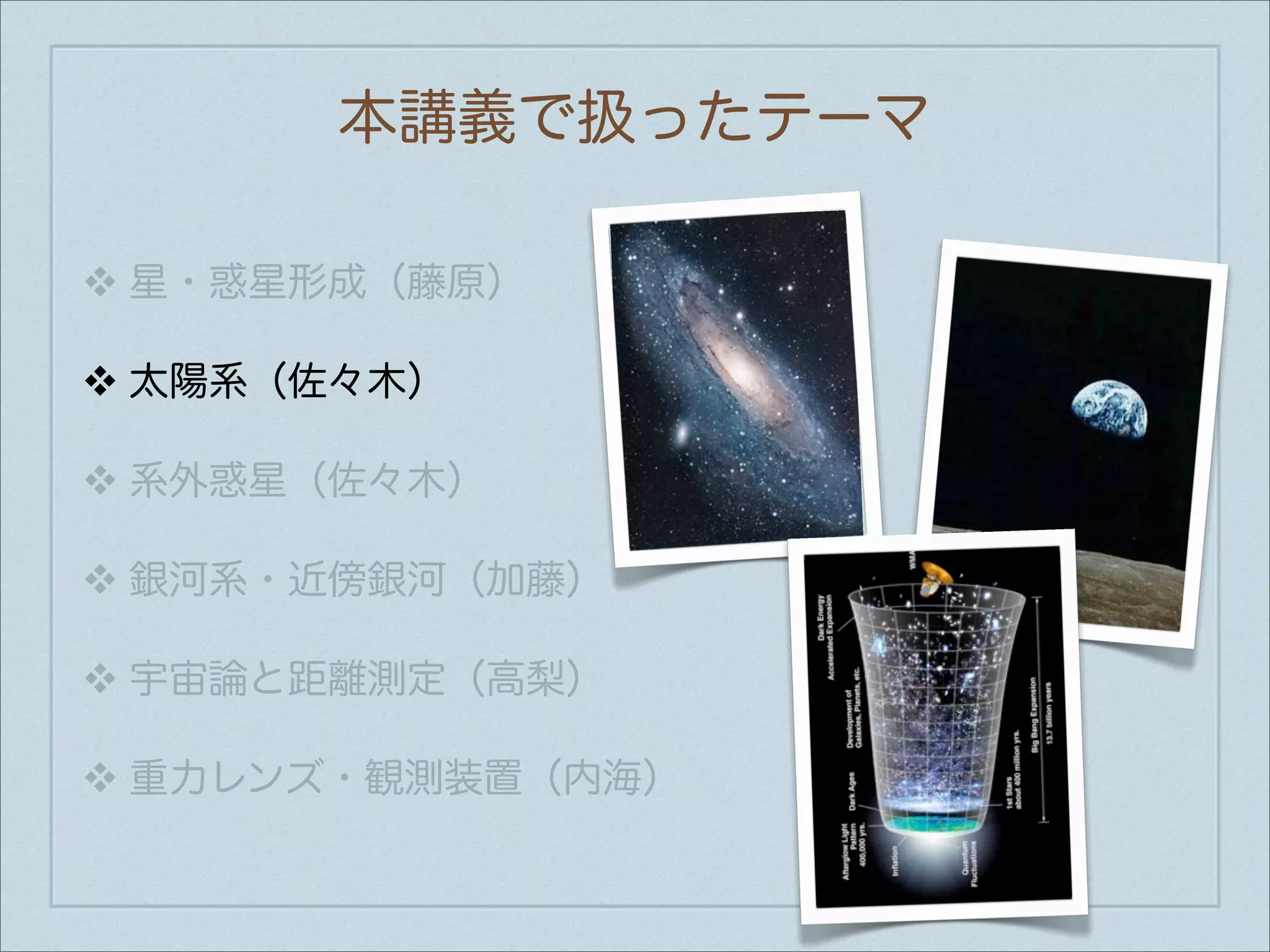 本講義で扱ったテーマ

❖   星・惑星形成（藤原）

❖   太陽系（佐々木）

❖   系外惑星（佐々木）

❖   銀河系・近傍銀河（加藤）

❖   宇宙論と距離測定（高梨）

❖   重力レンズ・観測装置（内海）
 